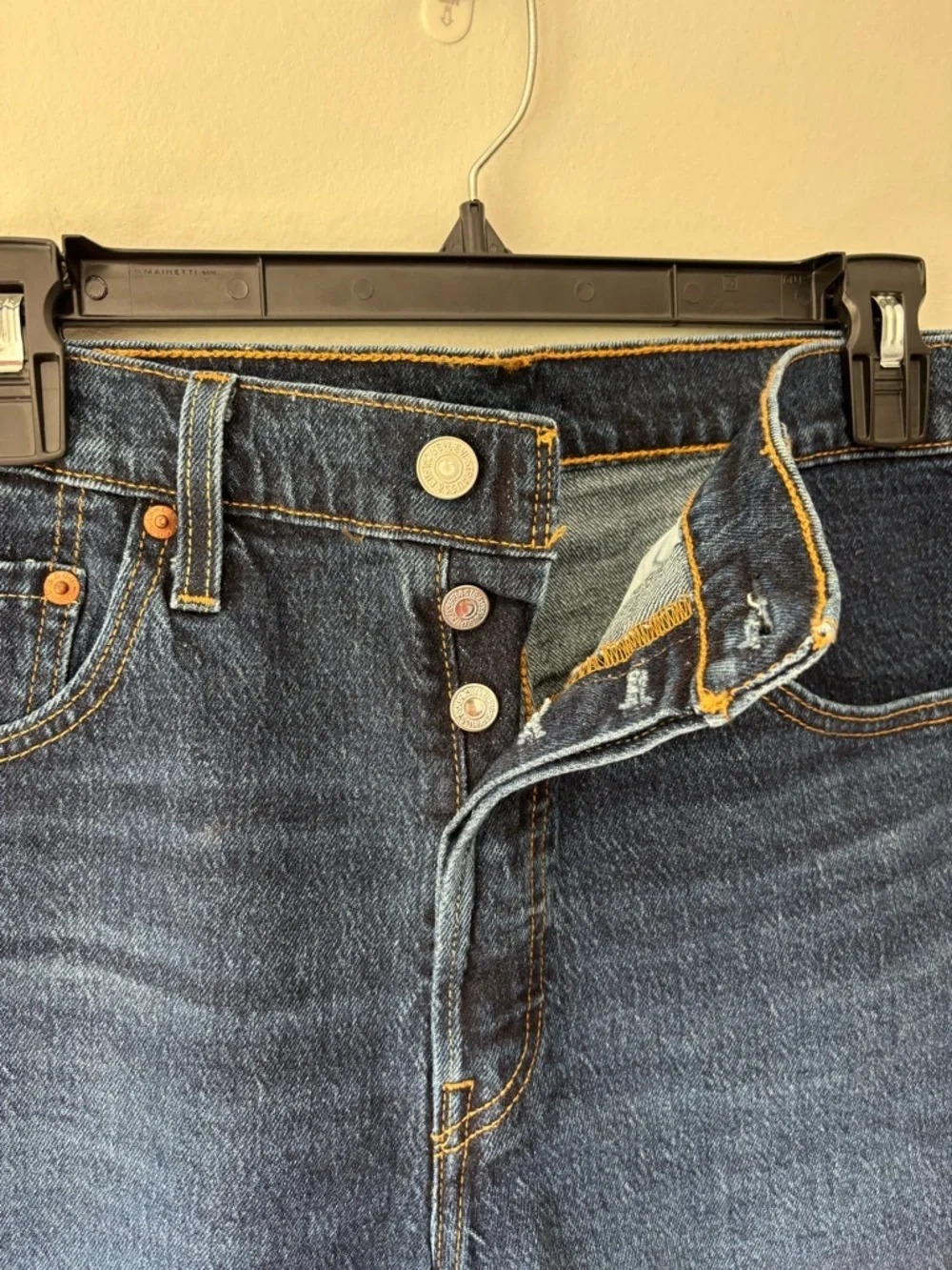 Levi’s 501 Jean Shorts Dark Wash Denim Button Fly High Waist Raw Hem